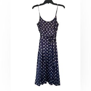 Vintage 90’s BCBG Paris 100% Silk Navy and White Polka Dot Midi Dress   Size 8